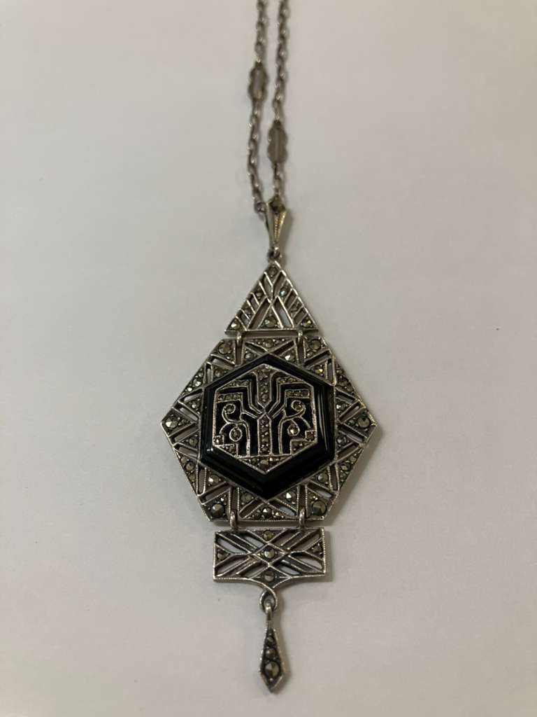 SS Deco Onyx and marcasite necklace