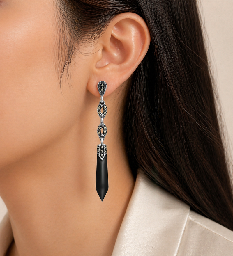 Sterling Silver Push-Back Earrings with Marcasite & Semi-Gemstones