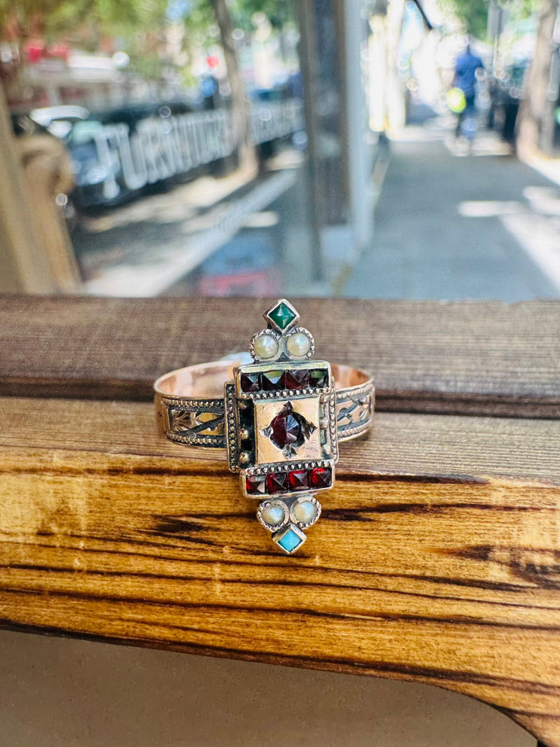 14K VCT Garnet, Turq and PRL Ring