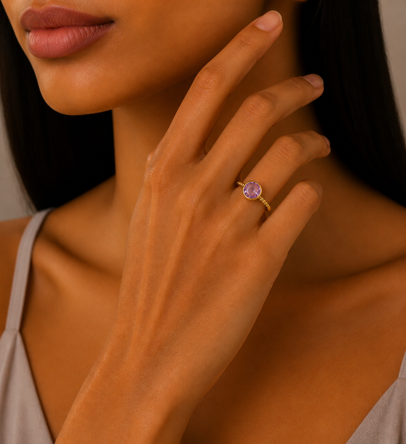 Sterling Silver Ring, Decorated with Amethyst, Plated with 0.3 Micron 18K Yellow Gold