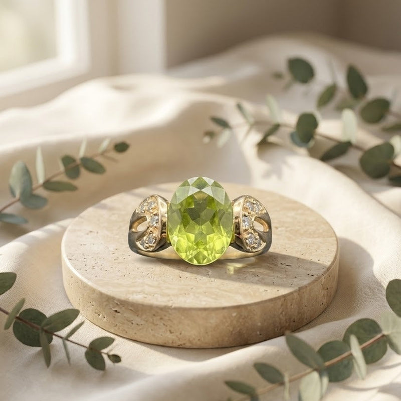 14K Gold Peridot & Diamond Ring