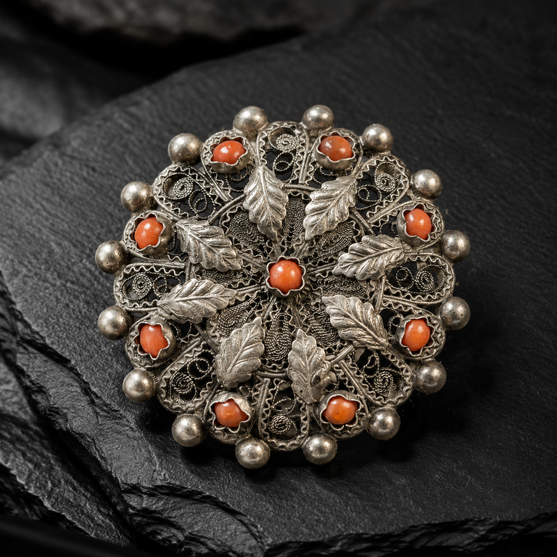 Vintage 800 Silver Coral Filigree Pin Brooch
