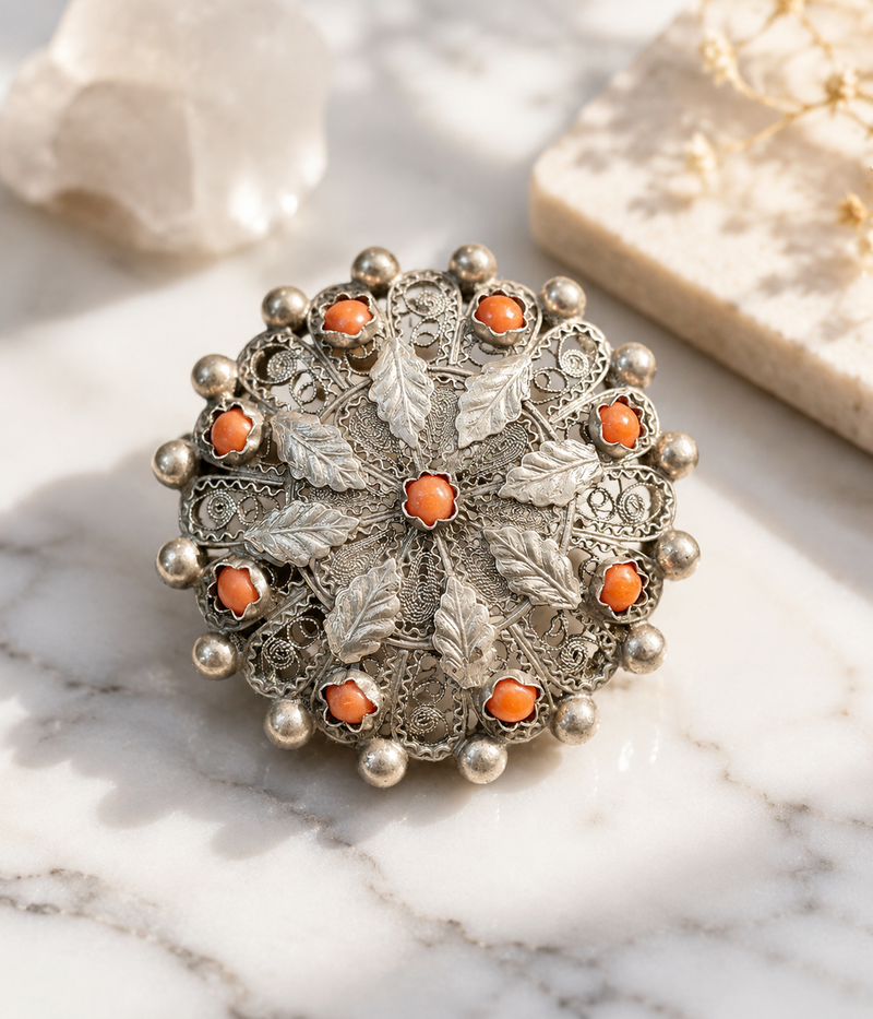 Vintage 800 Silver Coral Filigree Pin Brooch