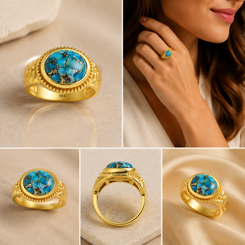 Sterling Silver Reconstructed Copper Turquoise Ring, 18K Yellow Gold Plated