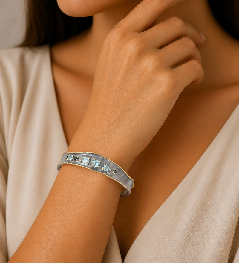 Sterling Silver Cuff, Decorated with Blue Sapphires and Sky-Blue Topaz, Plated with 3 Micron 22K Yellow Gold and White Rhodium
