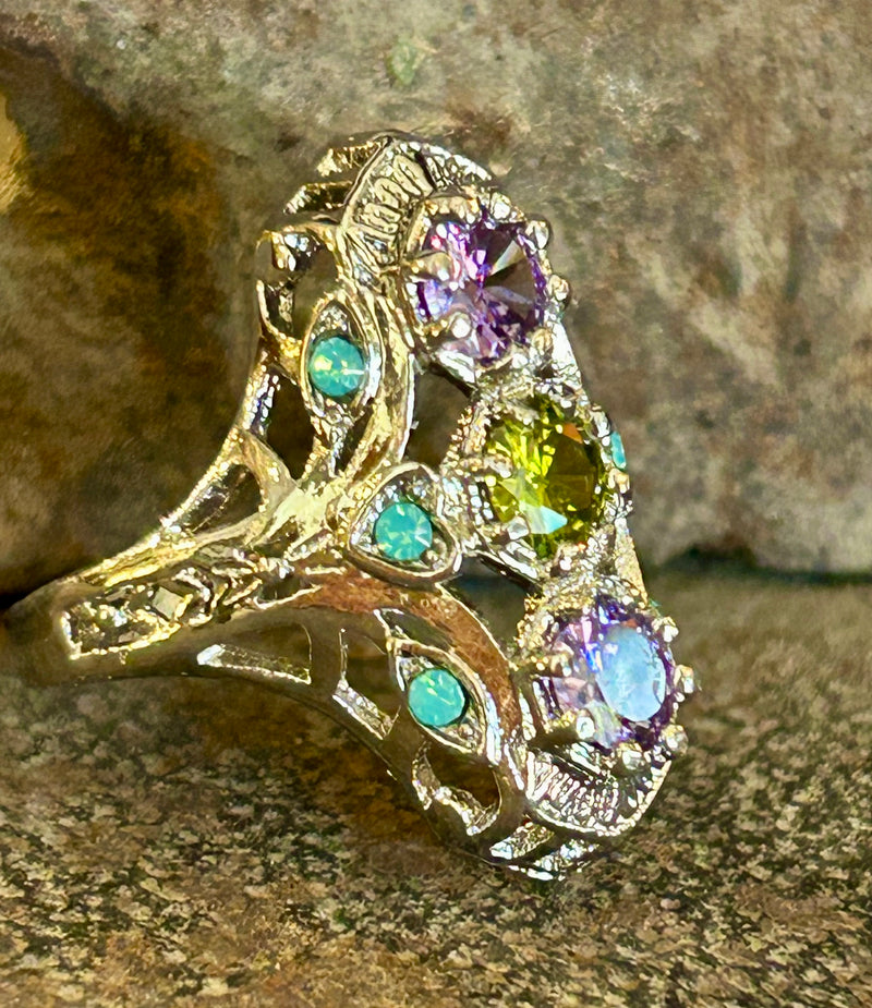 Sterling Silver Art Deco style ring with gem stones size 7