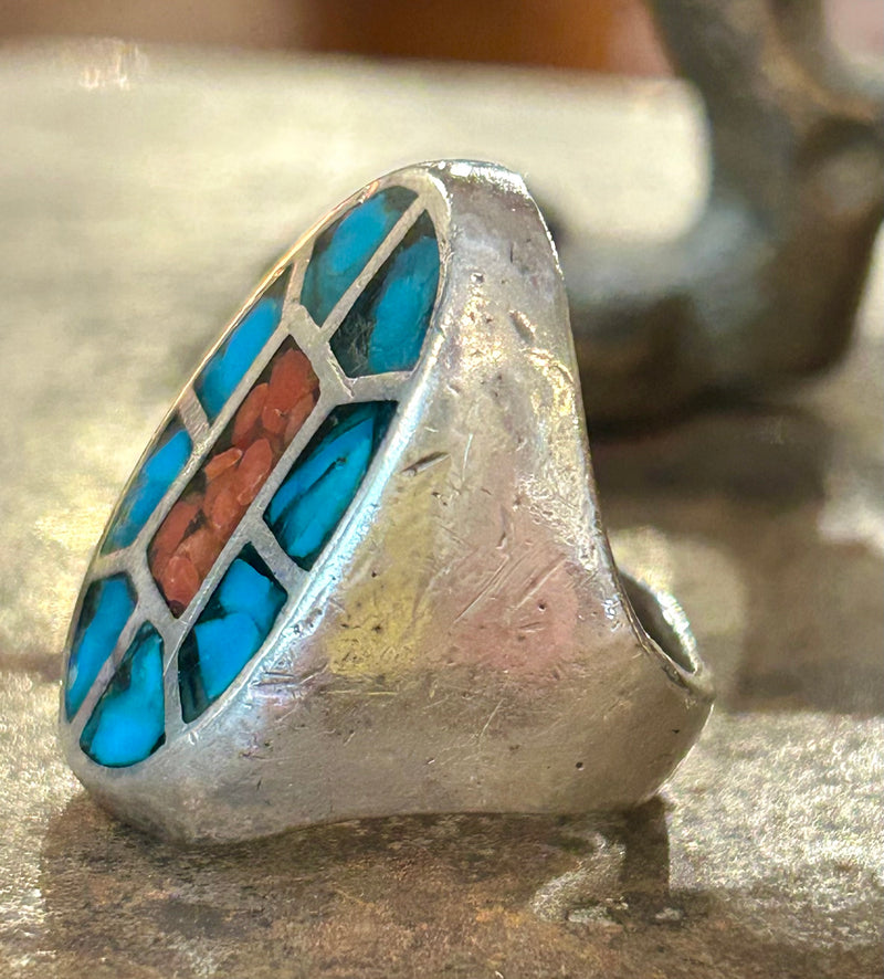 Vintage Sterling Silver Navajo Crushed Coral & Turquoise Size 7