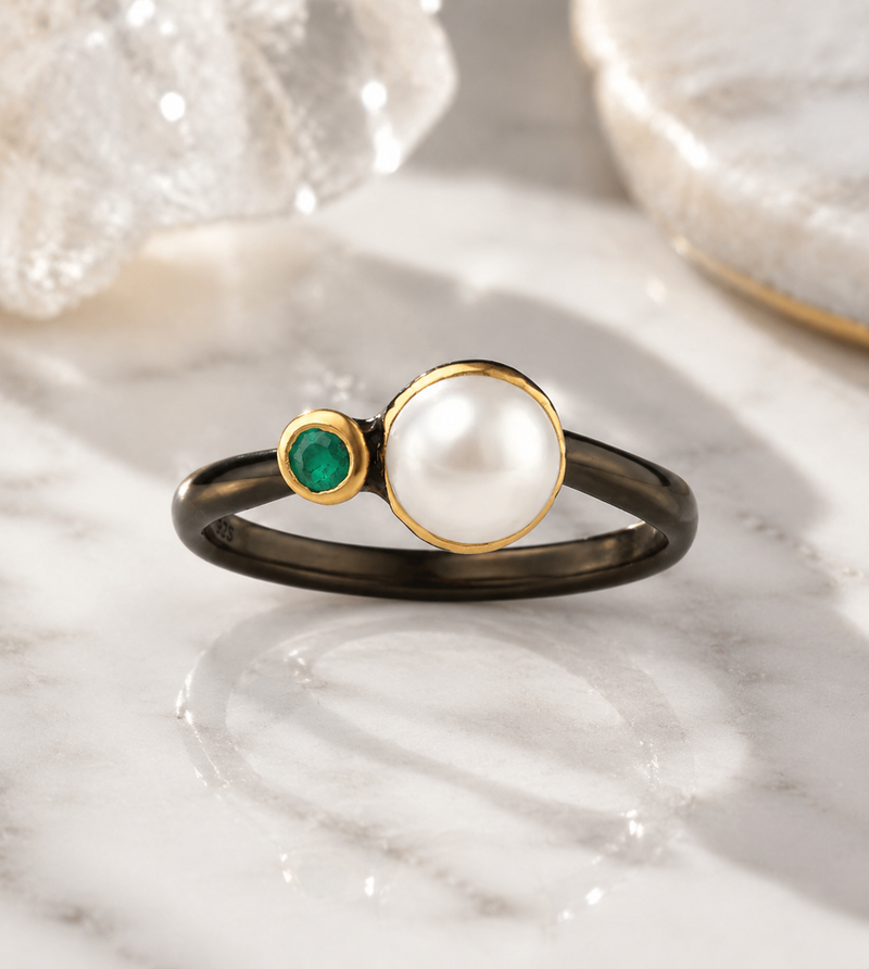 22K Gold & Black Rhodium Plated Pearl & Emerald Sterling Silver Ring