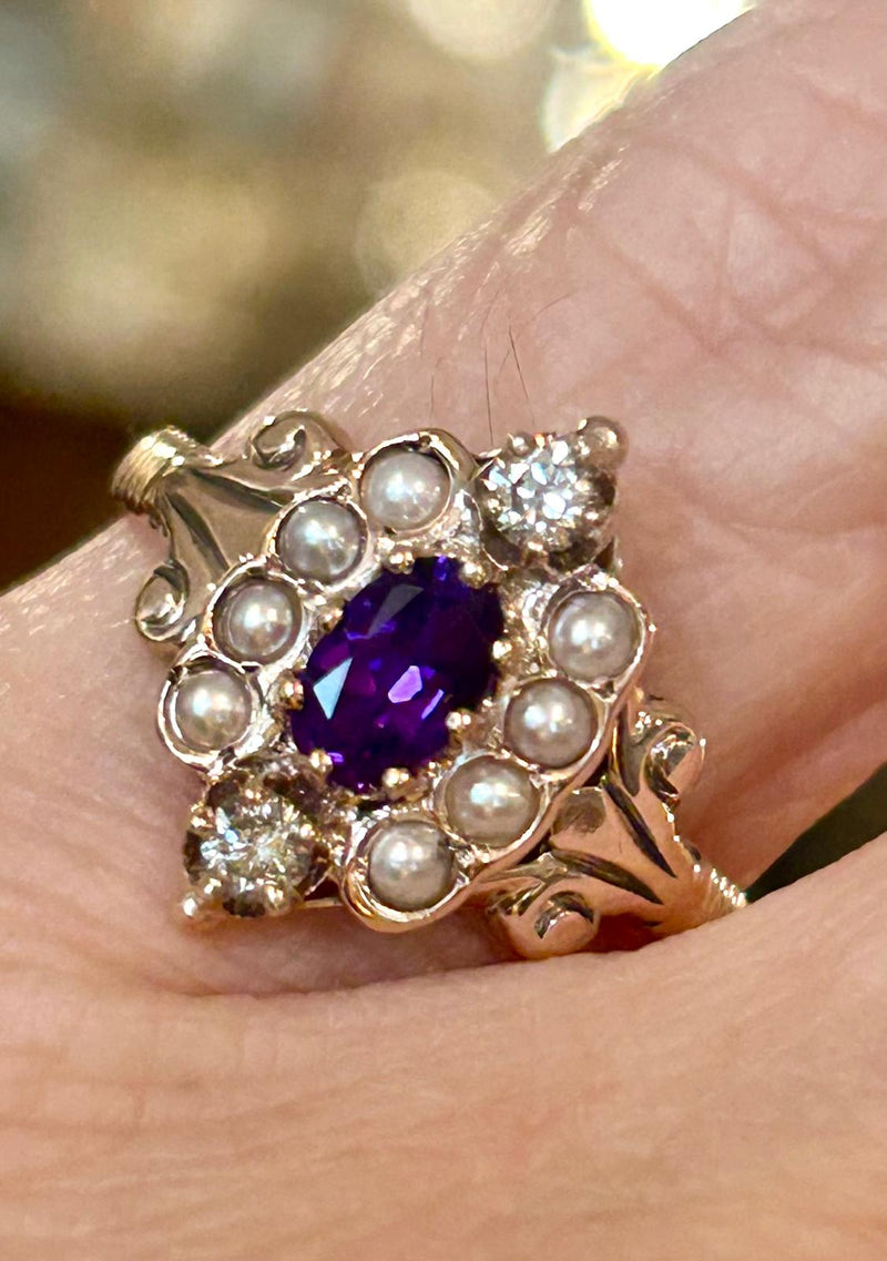 Victorian 14K amethyst, dia. & seed pearl size