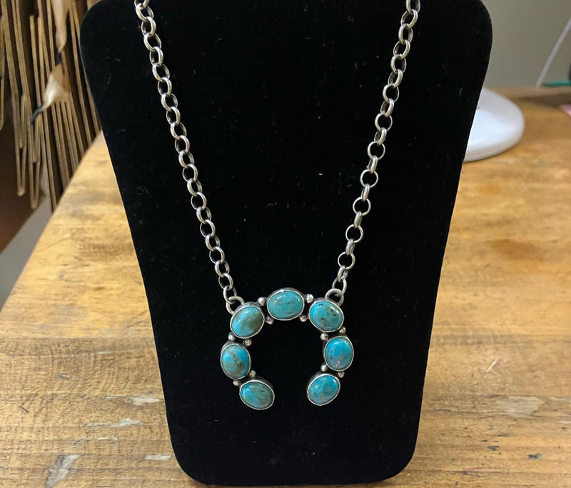 Sterling Silver P. Yazzie American Indian Turquoise Necklace - Horse Shoe 22" long