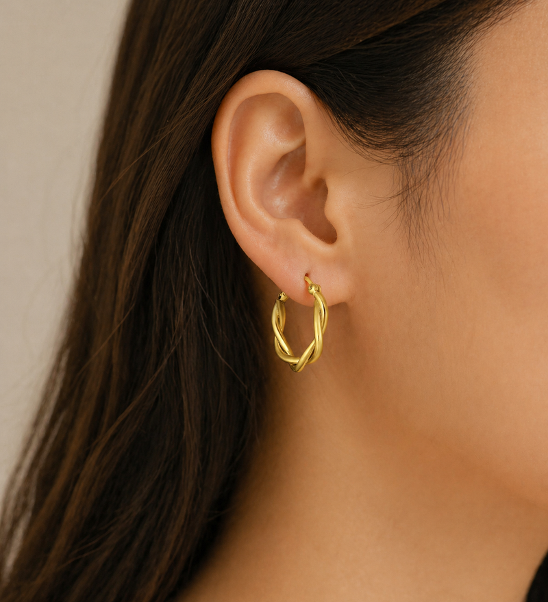 Sterling Silver Crisscross Hoop Earrings, Plated with 1 Micron 14K or 18K Yellow Gold