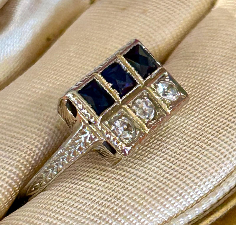 Art Deco 18K Gold Diamond Sapphire Ring