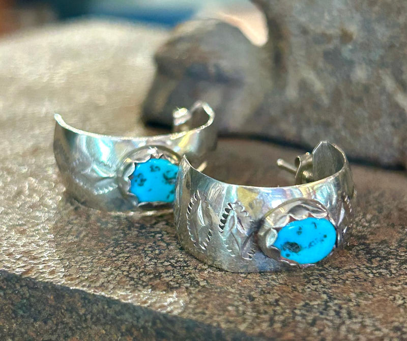 Vintage Sterling Silver Hoops w/ Turquoise 3/4" L x 3/8" W