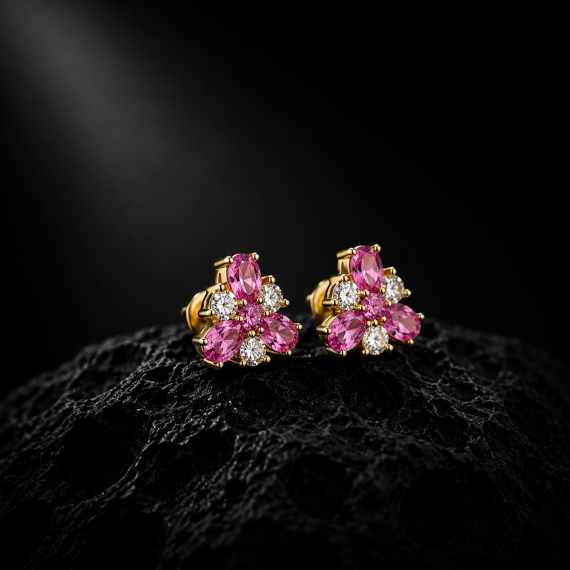 Pink Sapphire Bloom Earrings – 14K Yellow Gold