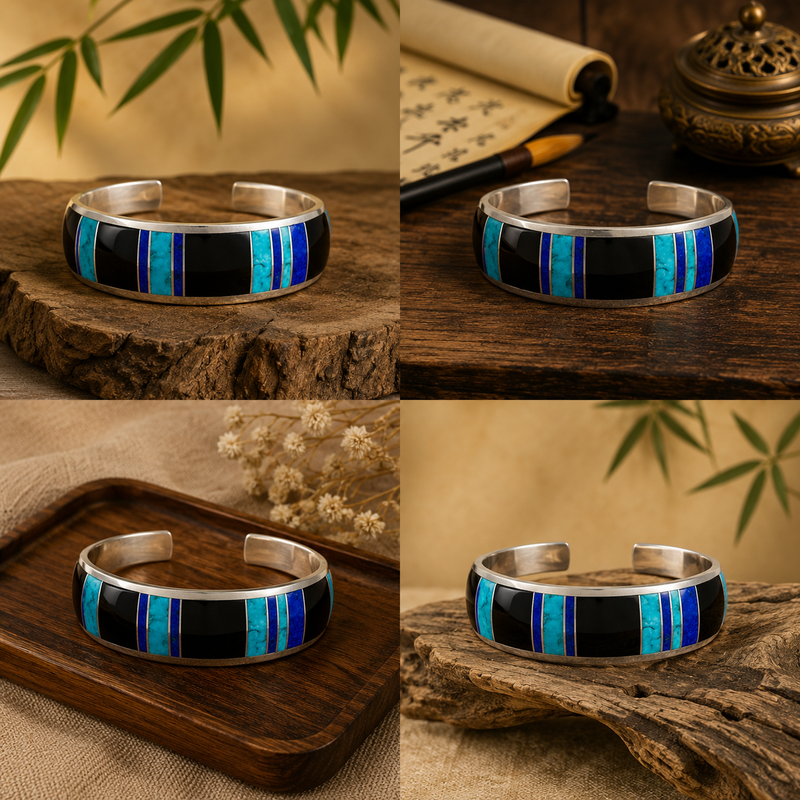 Sterling silver in laid Turquoise, coral and lapis cuff