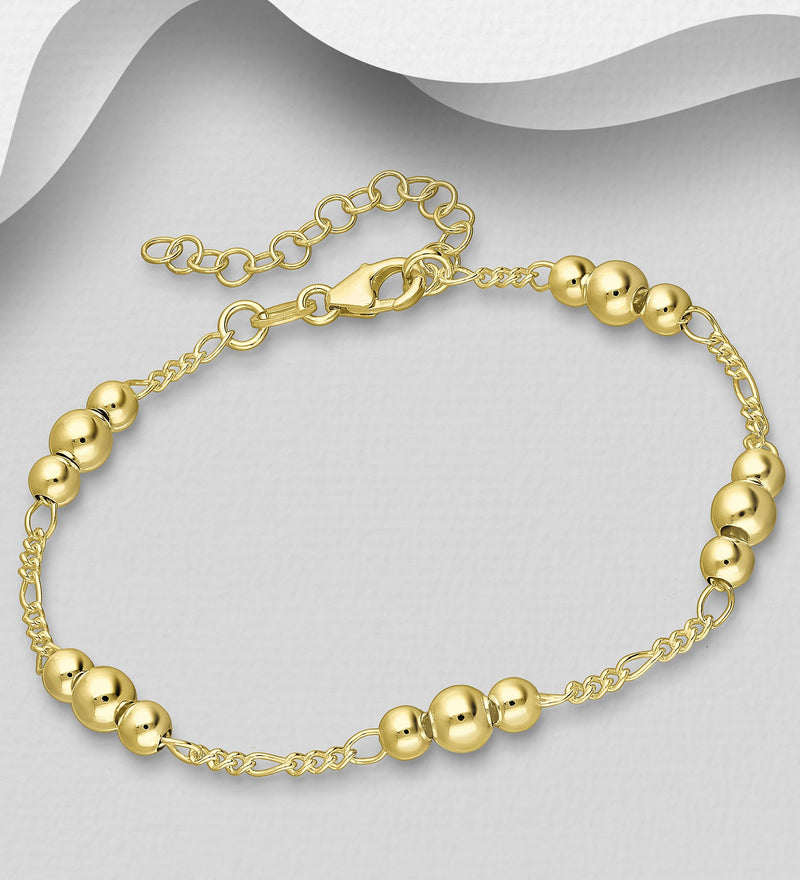 Sterling Silver Ball Bracelet, Plated with 0.5 Micron 18K Yellow Gold, 4-5mm Balls, Made in Italy