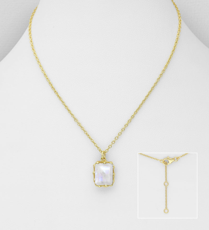 Sterling Silver Necklace, Decorated with Rainbow Moonstone, Plated with 0.3 Micron 18K Yellow Gold