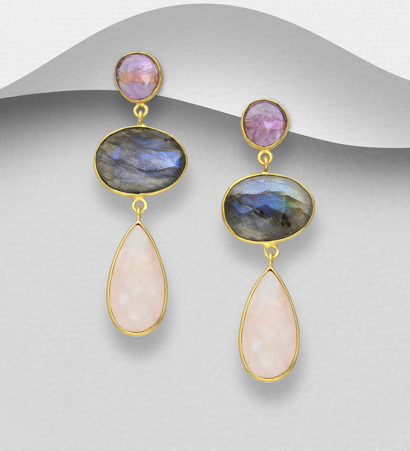 Sterling Silver Push-Back Earrings, Decorated with Amethyst, Labradorite, and Rose Quartz, Plated with 0.3 Micron 18K Yellow Gold