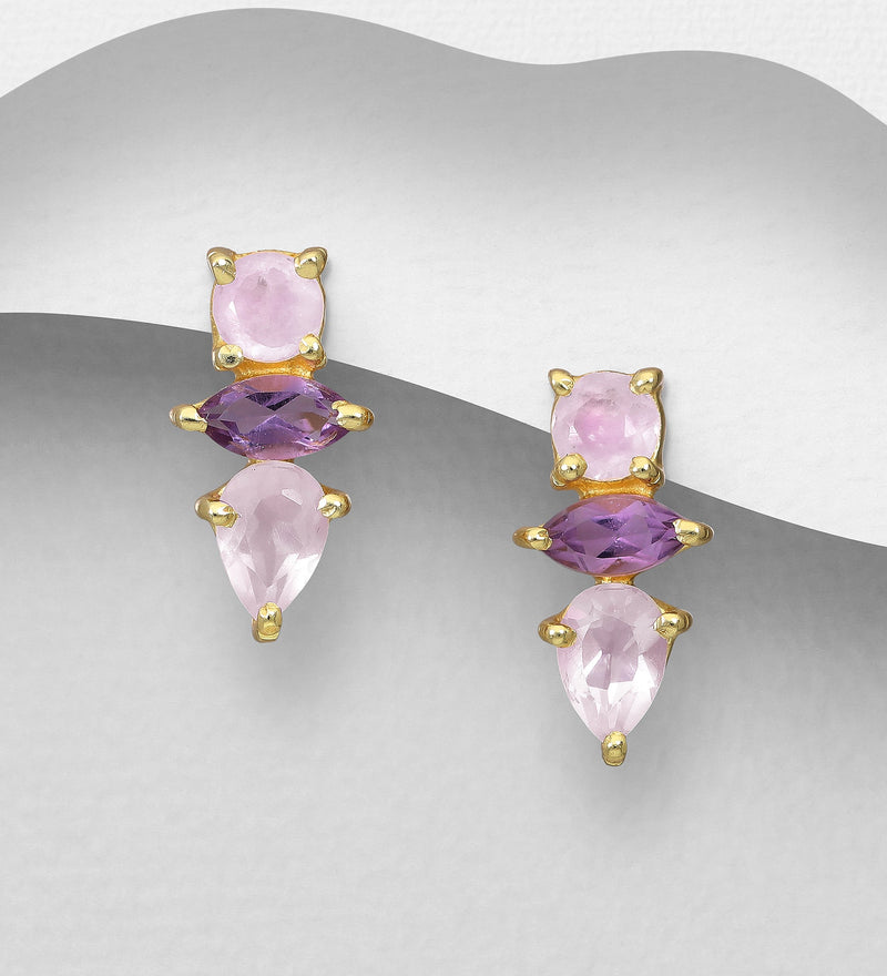 925 Sterling Silver Push-Back Earrings, Decorated with Rose Quartz and Amethyst, Plated with 0.3 Micron 18K Yellow Gold