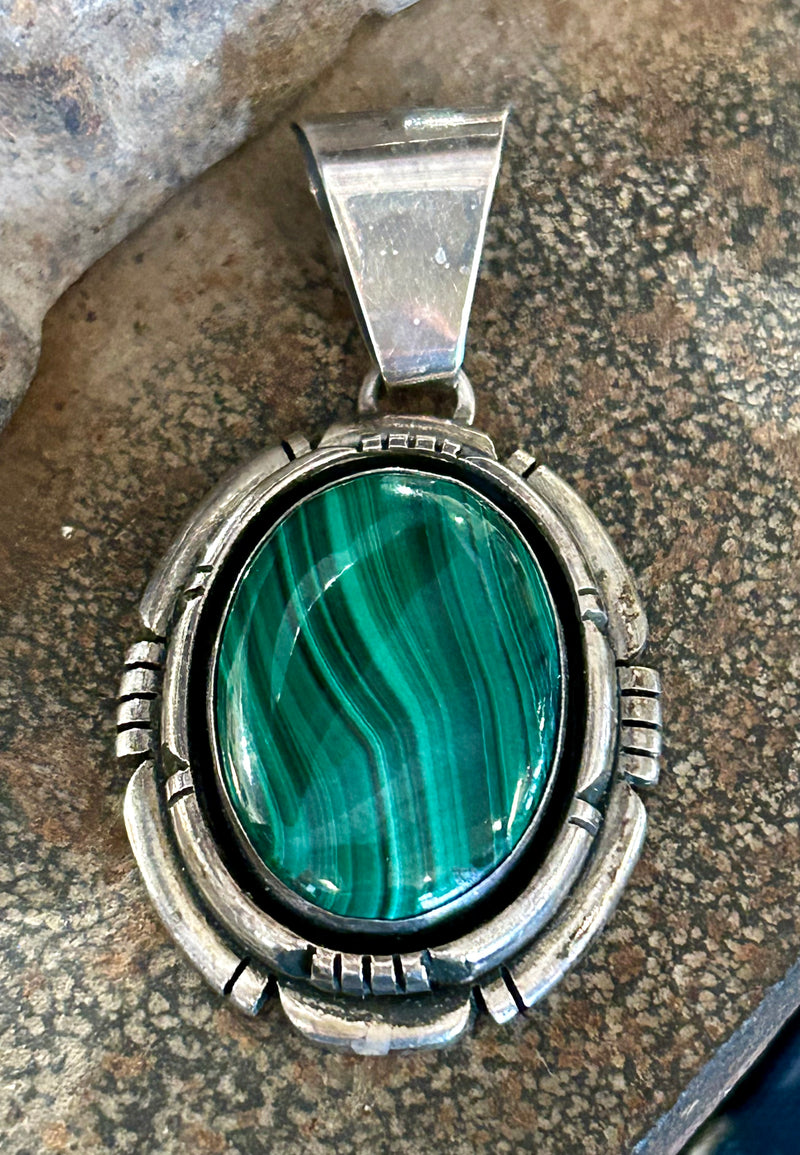 Vintage Sterling Silver Navajo Signed Malachite Pendant
