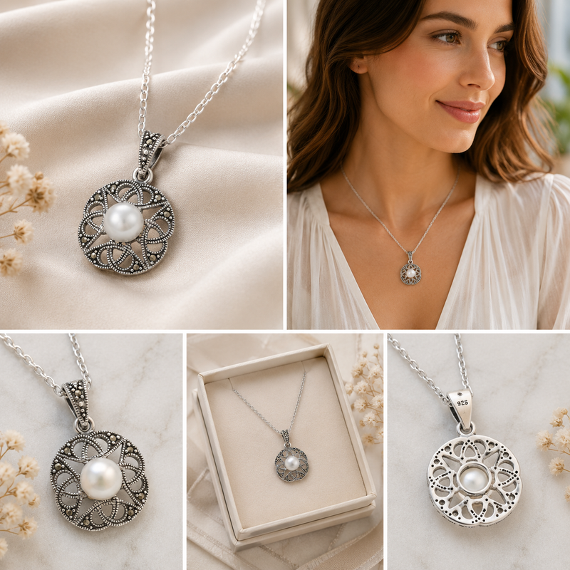 Sterling Silver Freshwater Pearl & Marcasite Filigree Pendant