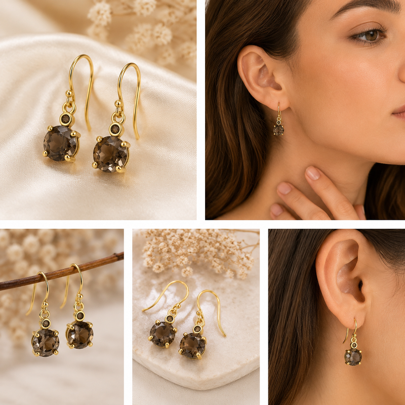 18K Gold Plated Smoky Quartz Sterling Silver Hook Earrings