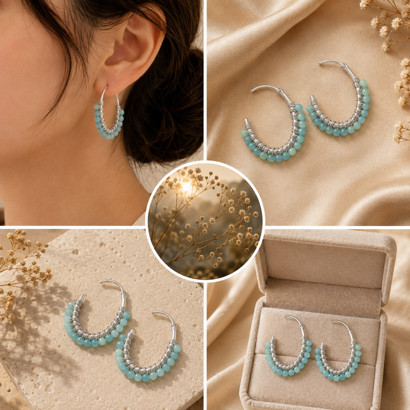 Sterling Silver Gemstone Bead Hoop Earrings