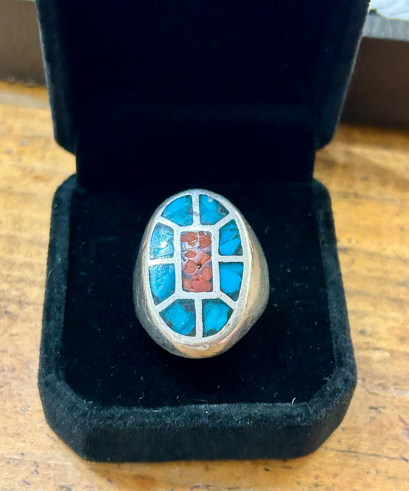 Vintage Sterling Silver Navajo Crushed Coral & Turquoise Size 7