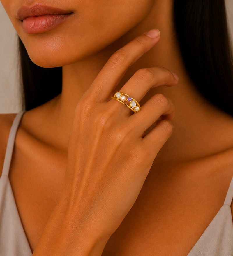Sterling Silver Ring, Decorated with Freshwater Pearls, Amethyst, and Rainbow Moonstone, Plated with 0.3 Micron 18K Yellow Gold