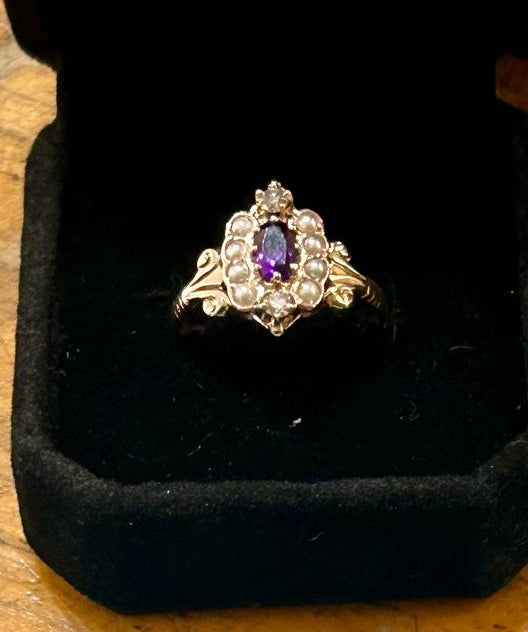 Victorian 14K amethyst, dia. & seed pearl size