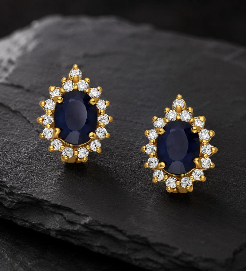 Blue Sapphire Halo Omega Back Earrings