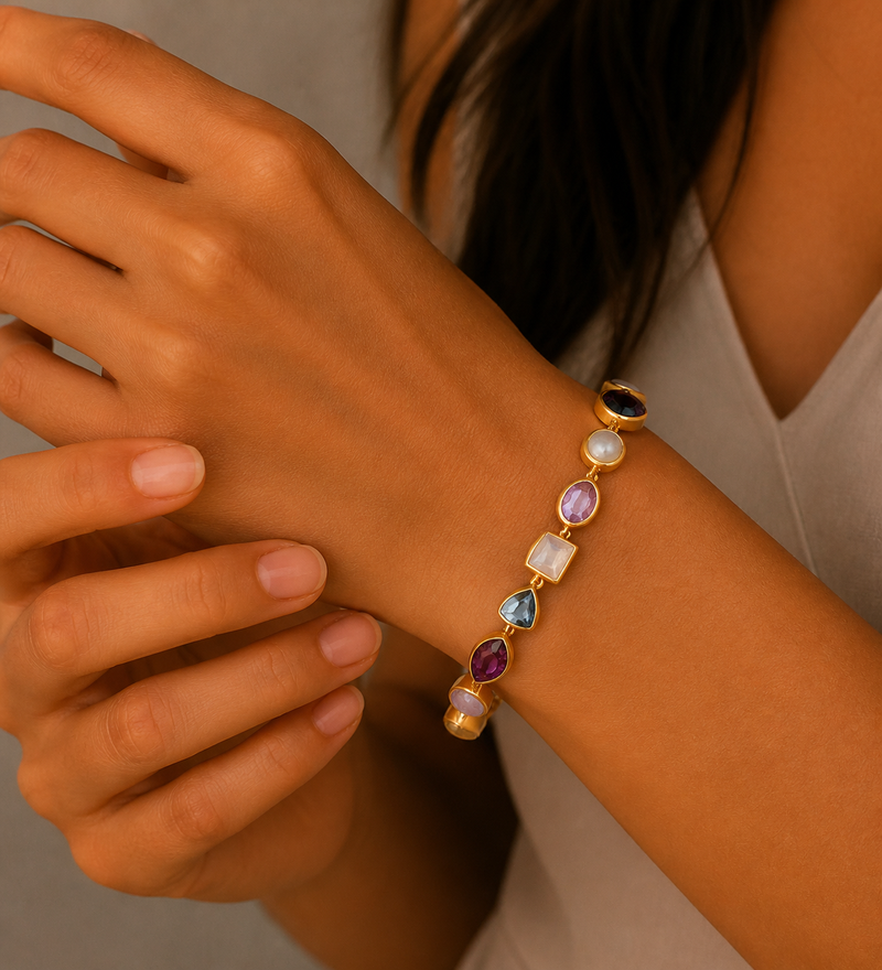 terling Silver Bracelet, Decorated with Reconstructed Purple Copper Turquoise, Amethyst, Rainbow Moonstone, Light Chalcedony Jade, Plated with 0.3 Micron 18K Yellow Gold
