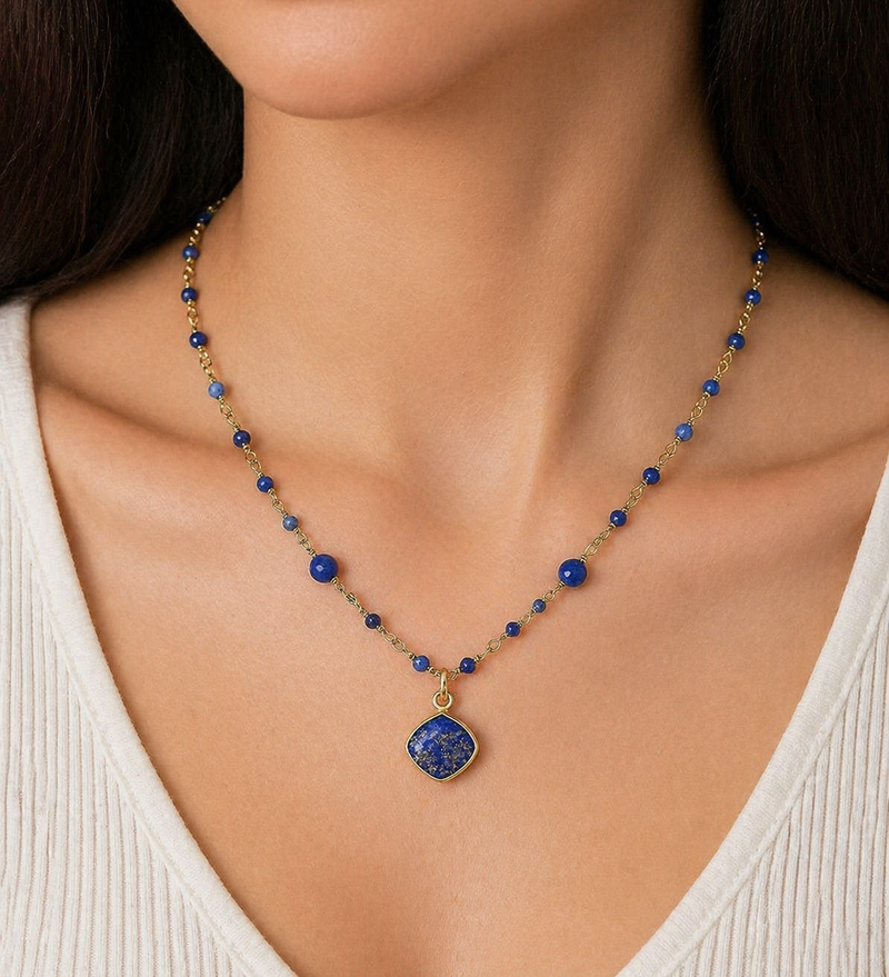 Sterling Silver Necklace with Blue Sapphire & Lapis Lazuli, 9K Gold Plated (16" - 18")