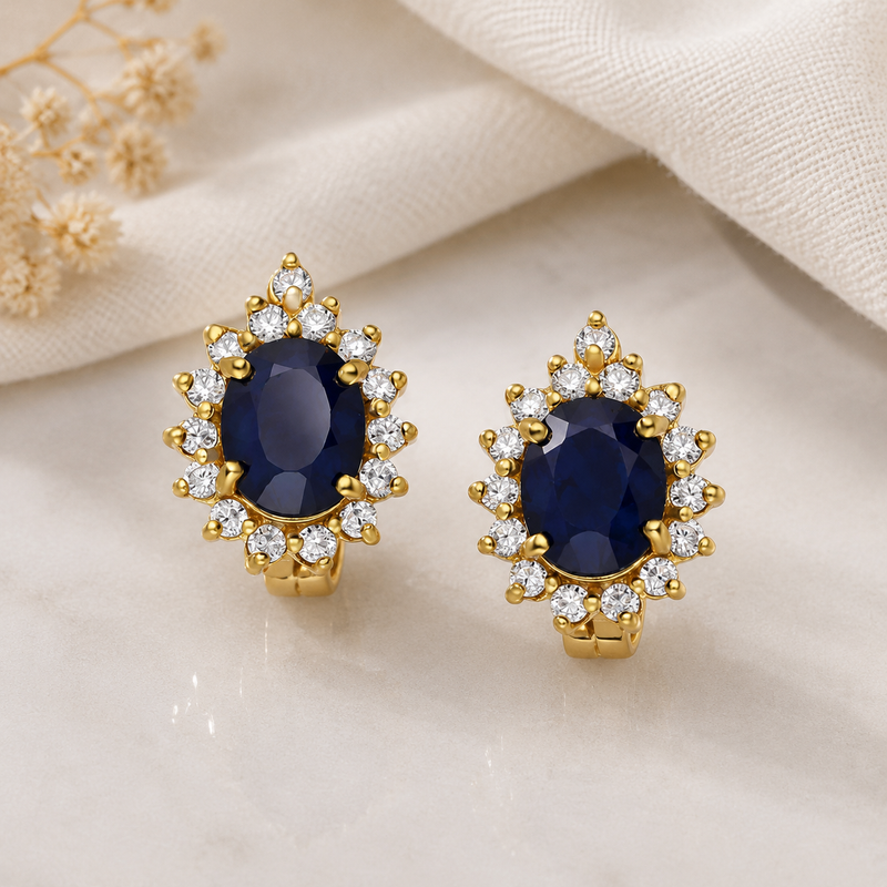 Blue Sapphire Halo Omega Back Earrings