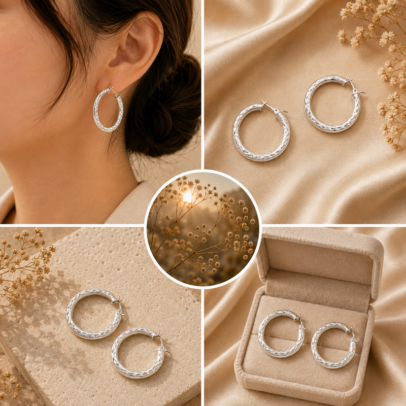 Sterling Silver Diamond-Cut Hoop Earrings