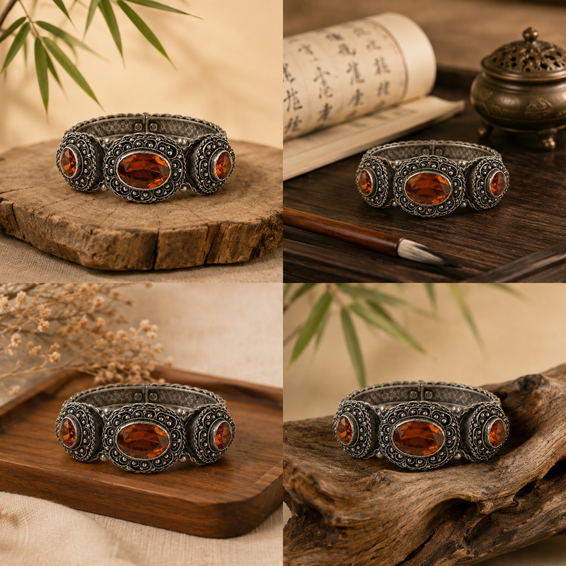 3 amber color Stone 800 silver bangle