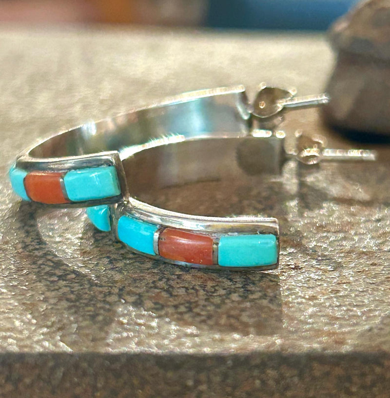Vintage Sterling Silver Silver Hoop w/ Turquoise & Coral 1"