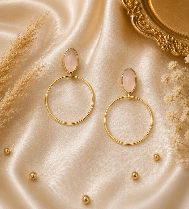 18K Gold Plated Rose Quartz Hoop Drop Earrings