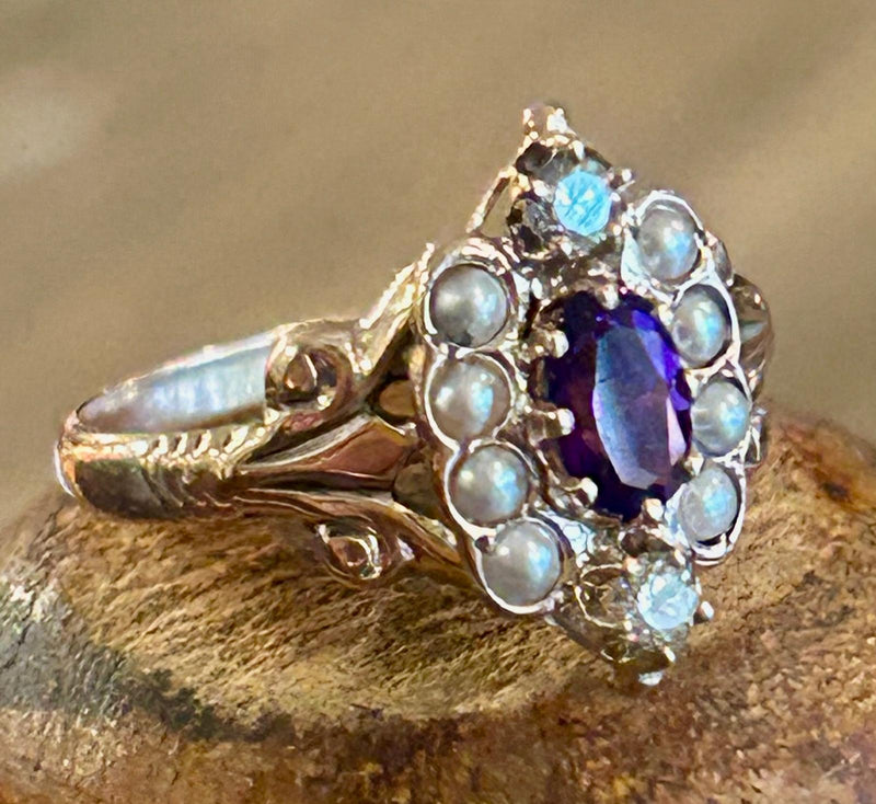 Victorian 14K amethyst, dia. & seed pearl size