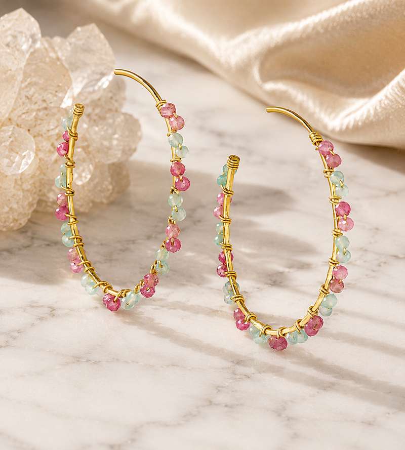 18K Gold Plated Pink Tourmaline & Sky Blue Jade Hoop Earrings