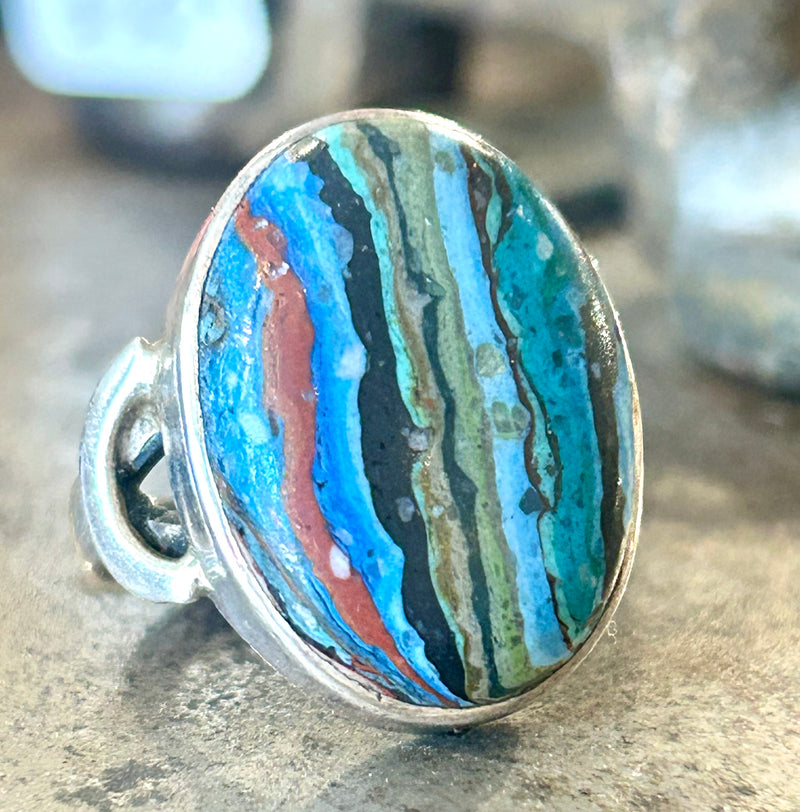 Vintage Sterling Silver Rainbow Calsilica Ring size 7