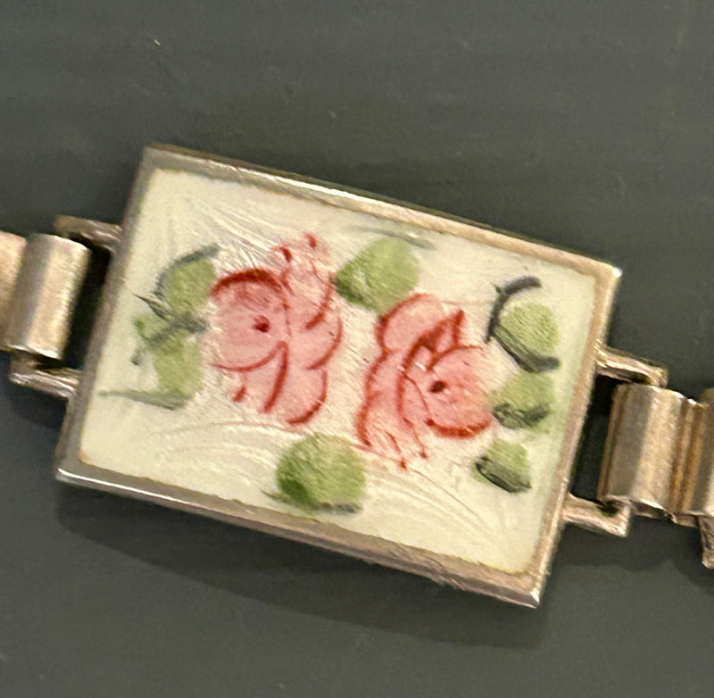 Art Deco Sterling Silver Enamel Floral Link Bracelet 6.5"