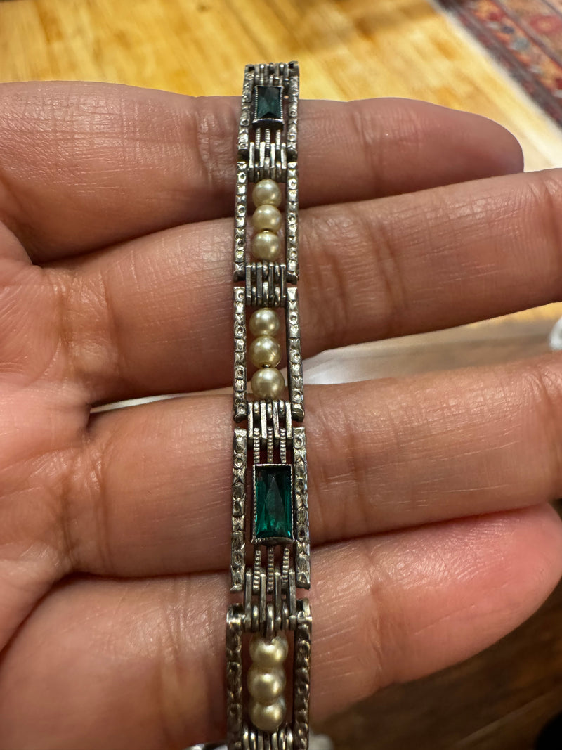Art Deco Sterling Silver Bracelet with Faux Pearls & Green Paste Stone