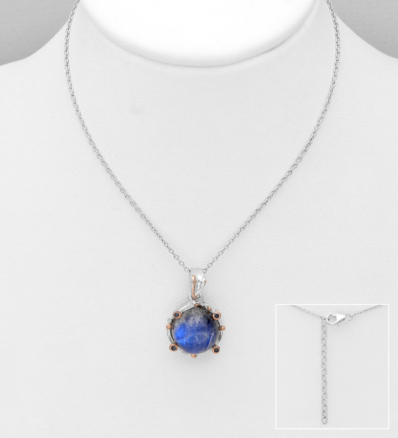 Sterling Silver Necklace, Decorated with Blue Sapphires and Spectrolite, Plated with 3 Micron 22K Pink Gold and White Rhodium