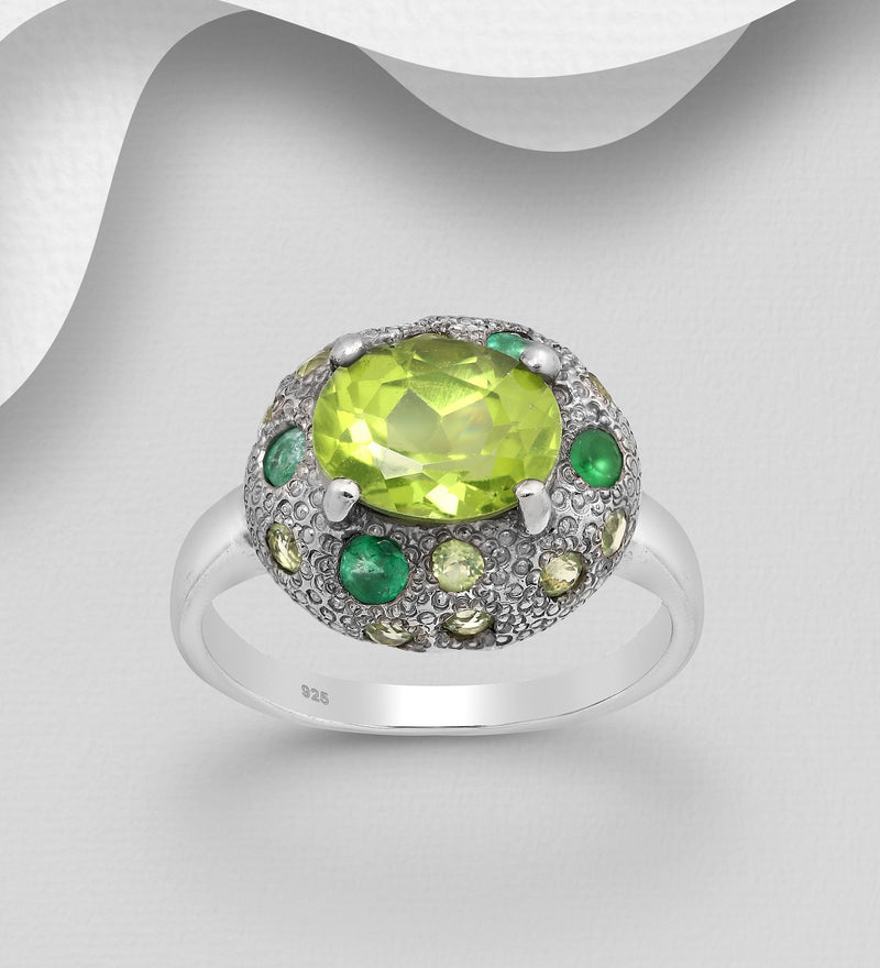 Sterling Silver Ring Decorated with Emeralds and Peridots, Plated with Grey Ruthenium and Rhodium