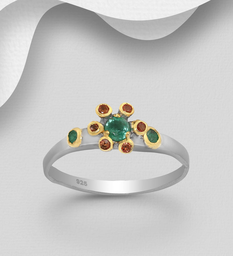 Sterling Silver Ring Decorated with Emeralds and Orange Sapphires, Plated with 3 Micron 22K Yellow Gold and Grey Ruthenium