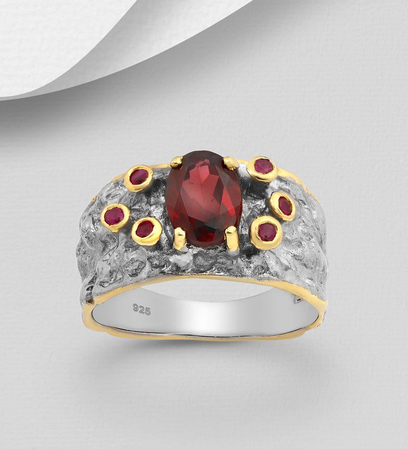 Sterling Silver Ring Decorated with Garnet and Red Sapphires, Plated with 3 Micron 22K Yellow Gold and Grey Ruthenium