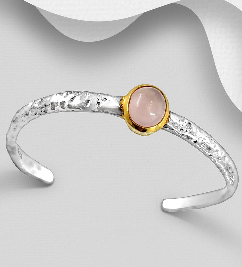 Sterling Silver Cuff Bracelet, Decorated with Rose Quartz, Plated with 3 Micron 22K Yellow Gold
