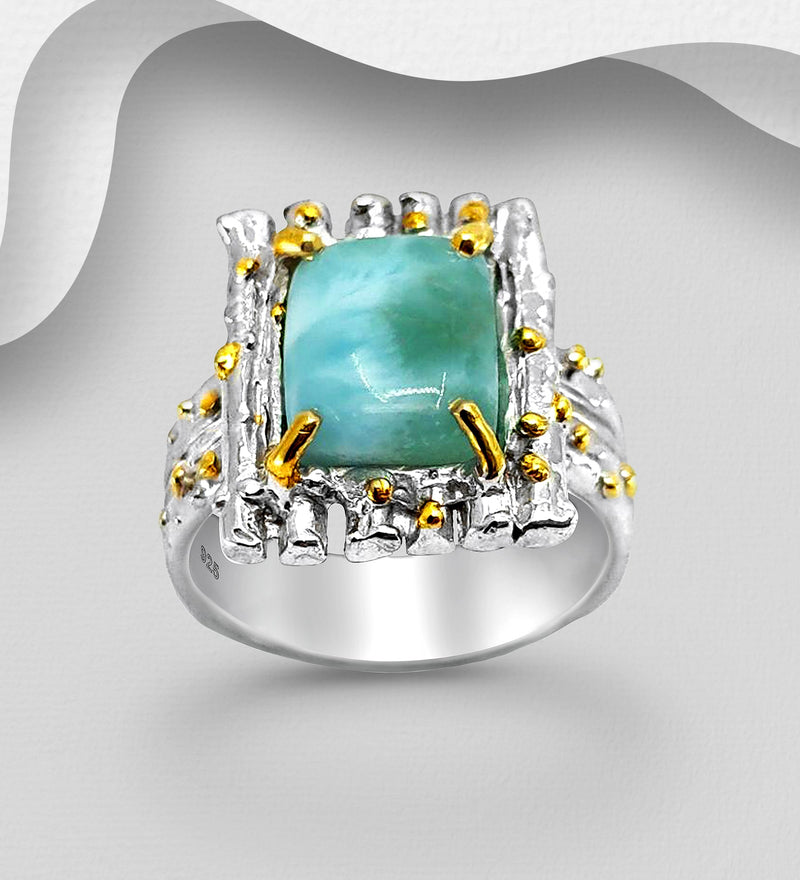 Sterling Silver Ring with Larimar, Decorated with 3 Micron 22K Yellow Gold