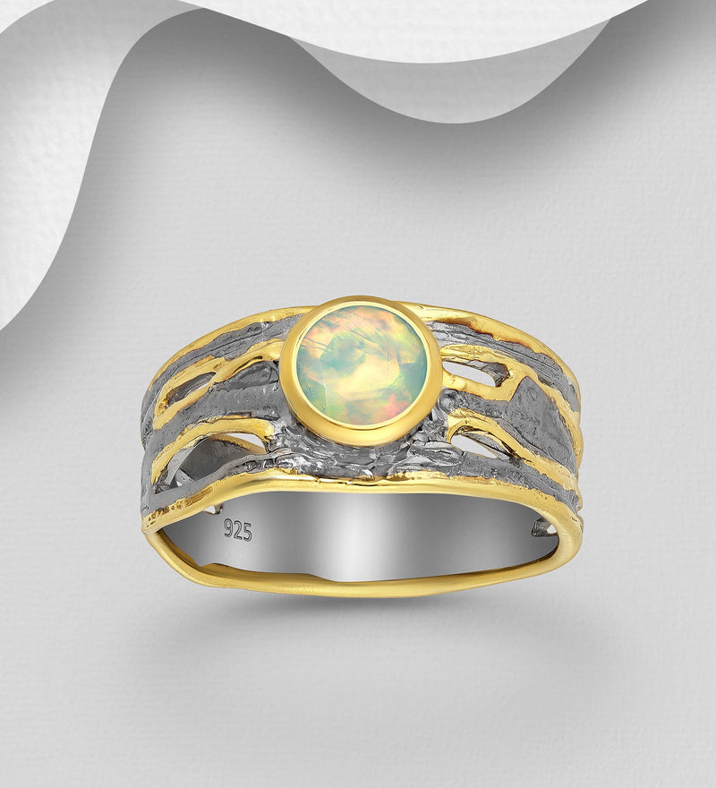Sterling Silver Ring, Decorated with Ethiopian Opal, Plated with 3 Micron 22K Yellow Gold and Grey Ruthenium